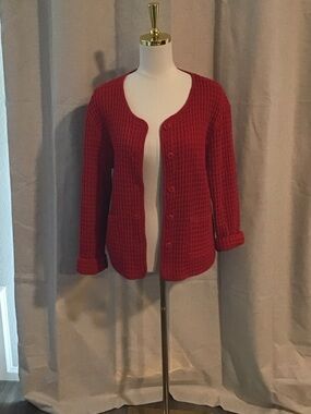 Women's Red Waffle-Knit Button Cardigan